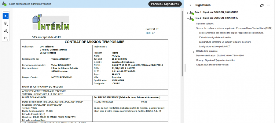 Exemple de document signé (ici contrat de travail) sur la plateforme Docoon.sign. Le volet droit fait apparaître les éléments essentiels de conformité : certificat électronique conforme à la norme eiDAS, authentification du signataire et l'intégrité du document